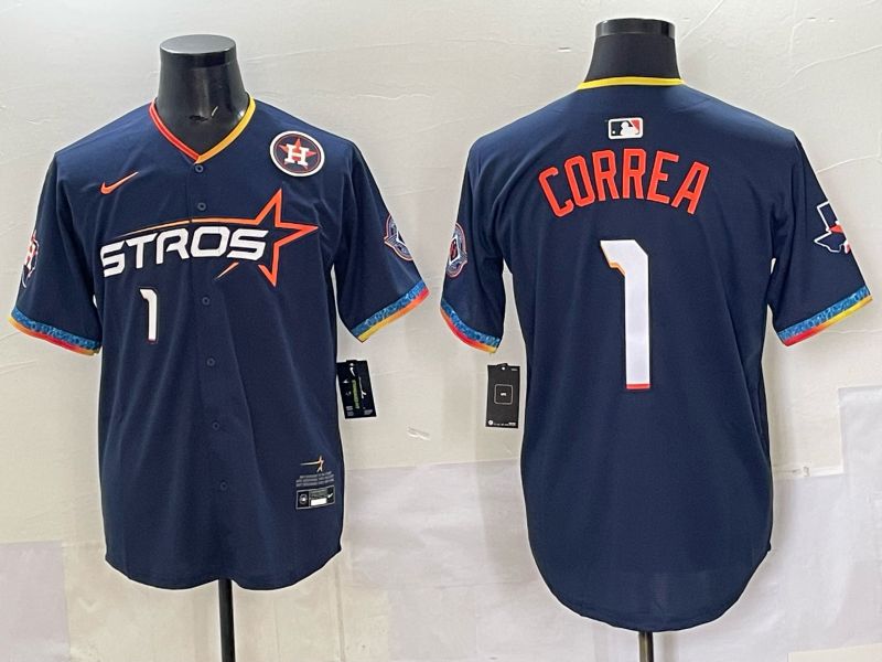 Men 2025 Houston Astros #1 Correa Blue Four generations Joint Name Nike MLB Jersey style 05